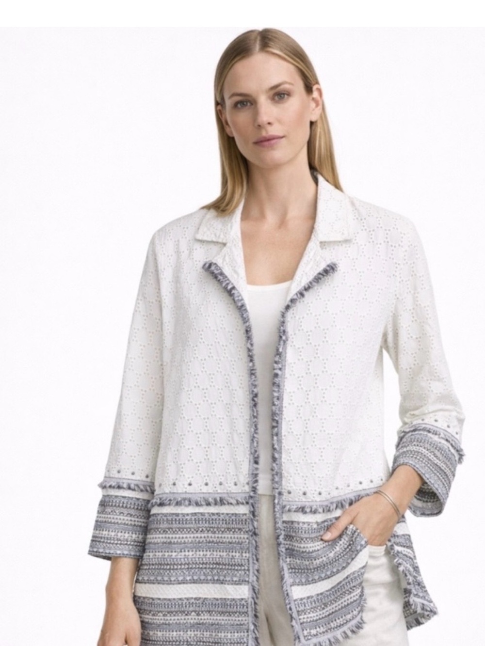 Chico's White Eyelet Blazer with Gray Trim Size 3 / XL